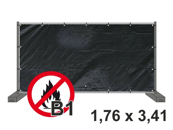 3,41 x 1,76 m, Bauzaunplane / Sichtschutzplane, Farbe: SCHWARZ - DIN 4102-B1